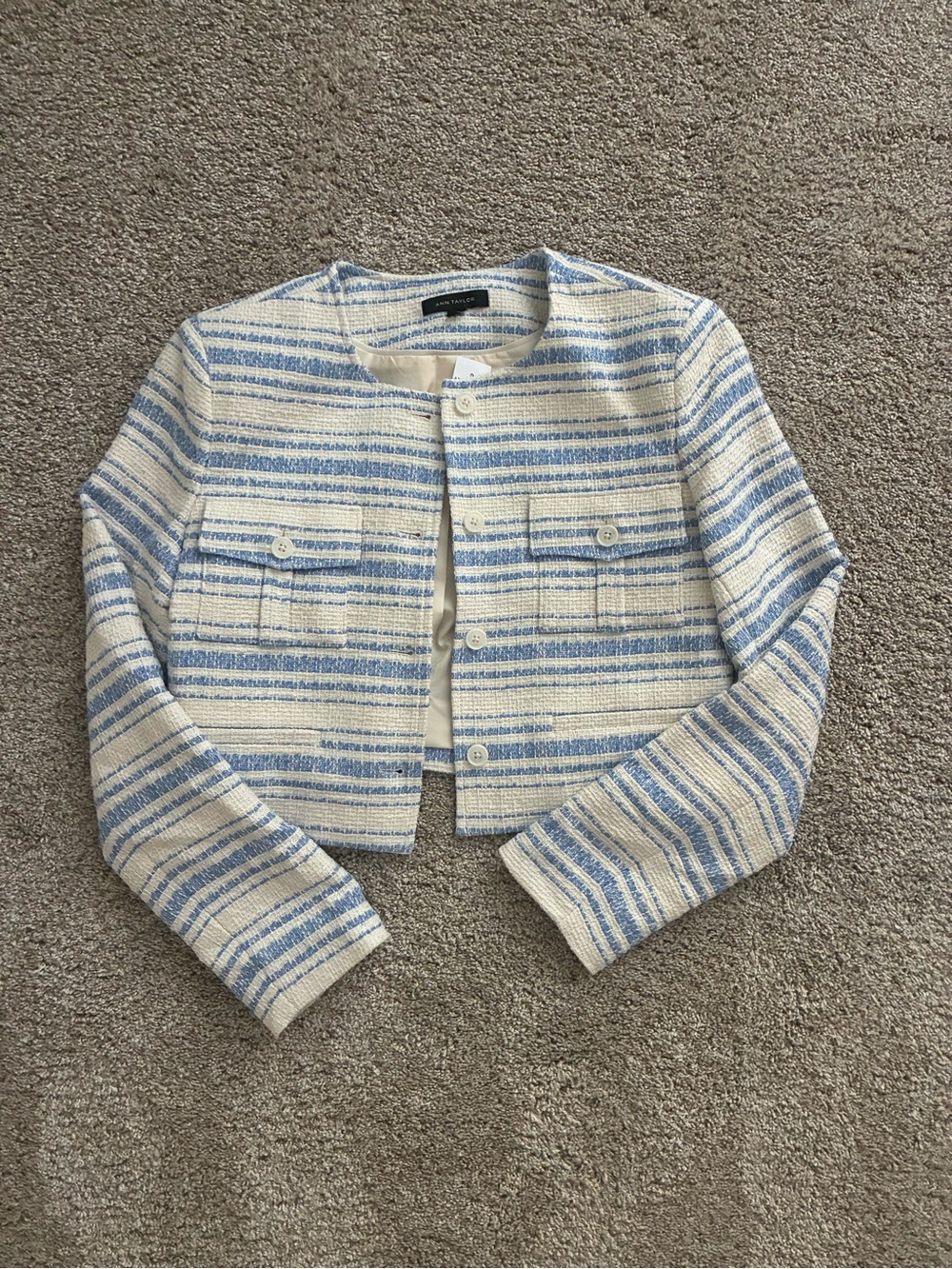 NWT Ann Taylor Ivory and Light Blue Striped Cropped Tweed Jacket
